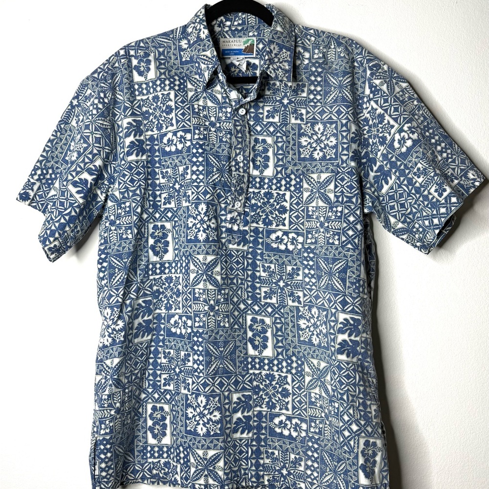 Makapuu Sportswear Pull Over Hawaian Print Polo Half Button Front Shirt Sz L‎